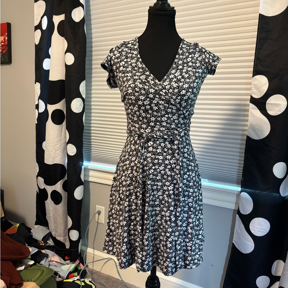 Rebel Sugar Black and White Fit and Flare Mini Dress with Ruched Bodice